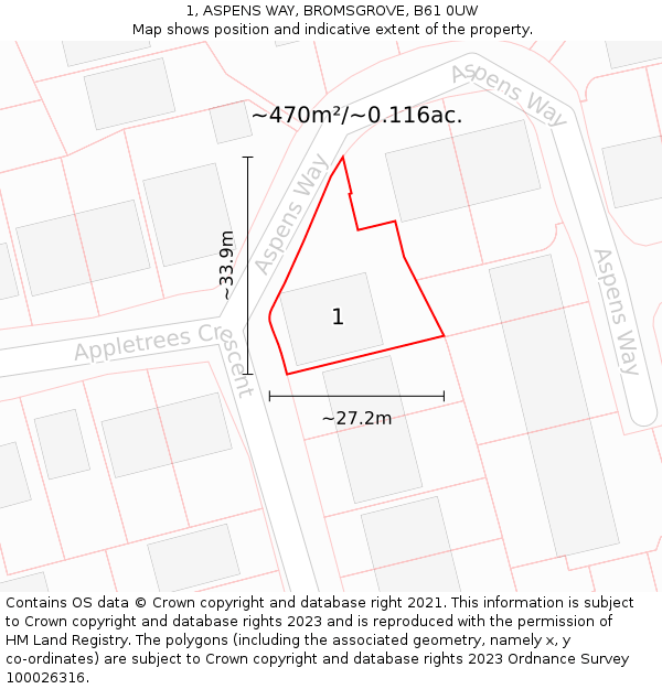 1, ASPENS WAY, BROMSGROVE, B61 0UW: Plot and title map