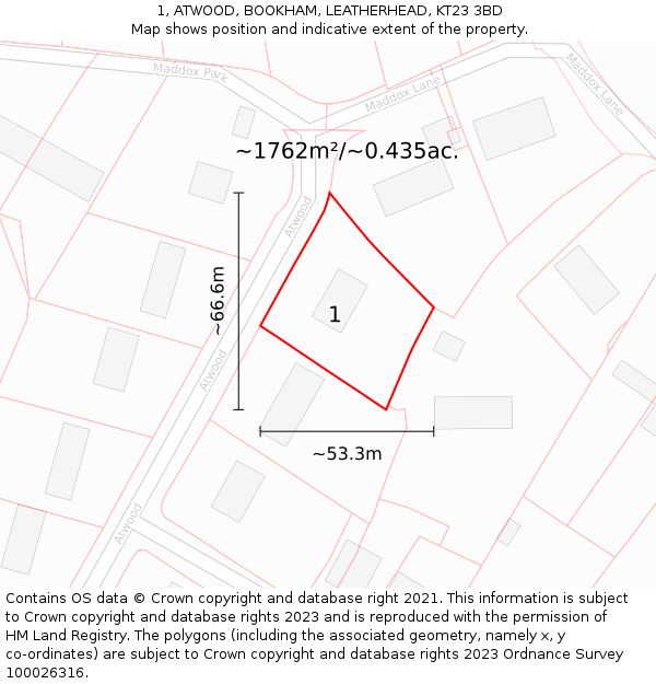 1, ATWOOD, BOOKHAM, LEATHERHEAD, KT23 3BD: Plot and title map