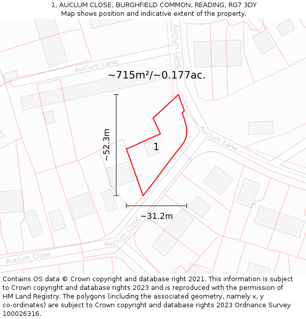 1, AUCLUM CLOSE, BURGHFIELD COMMON, READING, RG7 3DY: Plot and title map