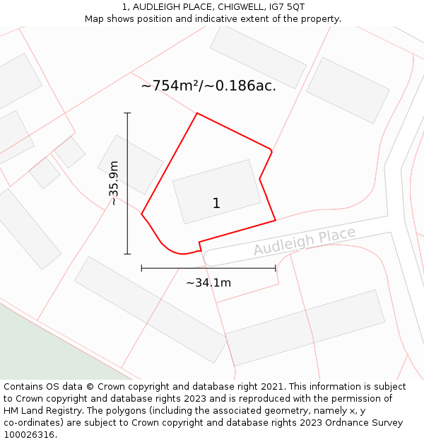 1, AUDLEIGH PLACE, CHIGWELL, IG7 5QT: Plot and title map