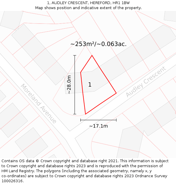 1, AUDLEY CRESCENT, HEREFORD, HR1 1BW: Plot and title map