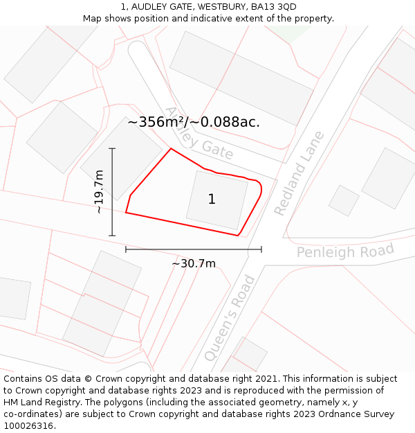 1, AUDLEY GATE, WESTBURY, BA13 3QD: Plot and title map