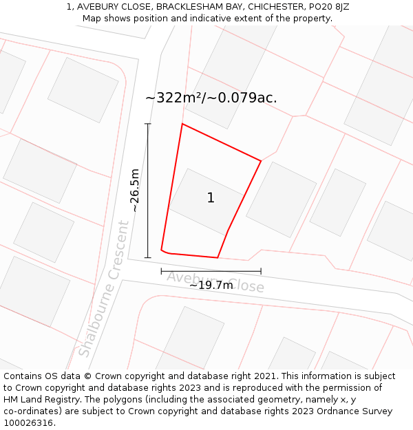 1, AVEBURY CLOSE, BRACKLESHAM BAY, CHICHESTER, PO20 8JZ: Plot and title map