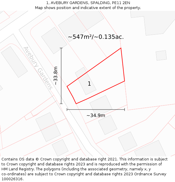 1, AVEBURY GARDENS, SPALDING, PE11 2EN: Plot and title map