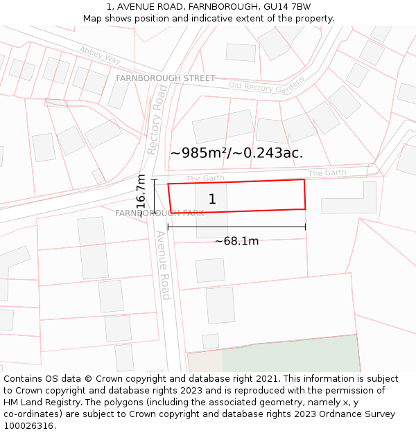 1, AVENUE ROAD, FARNBOROUGH, GU14 7BW: Plot and title map