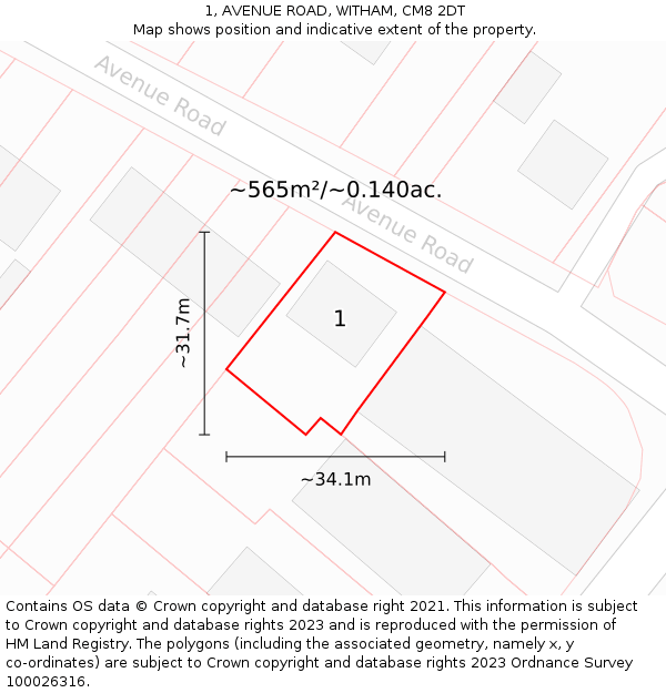 1, AVENUE ROAD, WITHAM, CM8 2DT: Plot and title map