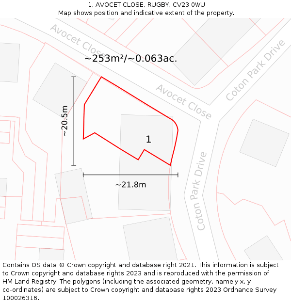 1, AVOCET CLOSE, RUGBY, CV23 0WU: Plot and title map