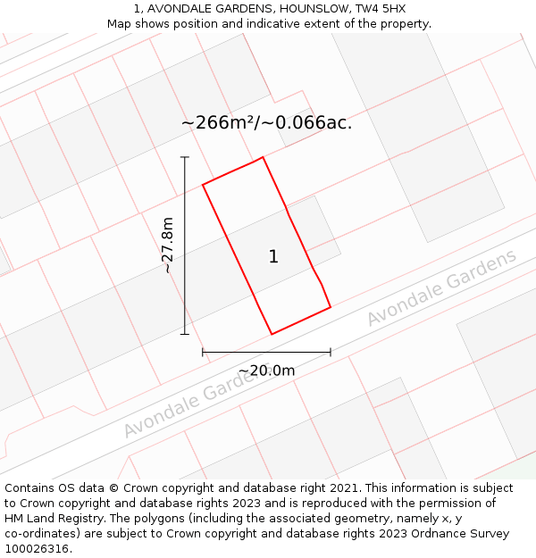 1, AVONDALE GARDENS, HOUNSLOW, TW4 5HX: Plot and title map