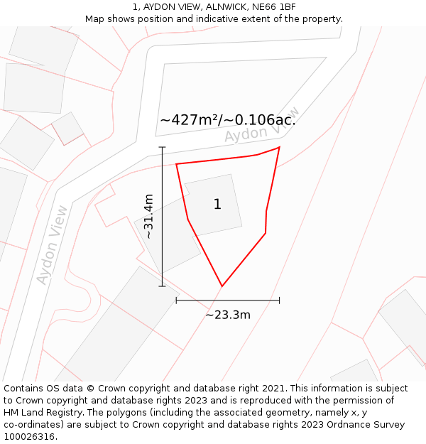 1, AYDON VIEW, ALNWICK, NE66 1BF: Plot and title map