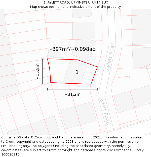 1, AYLETT ROAD, UPMINSTER, RM14 2UX: Plot and title map