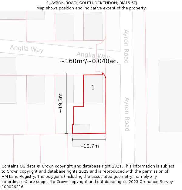 1, AYRON ROAD, SOUTH OCKENDON, RM15 5FJ: Plot and title map