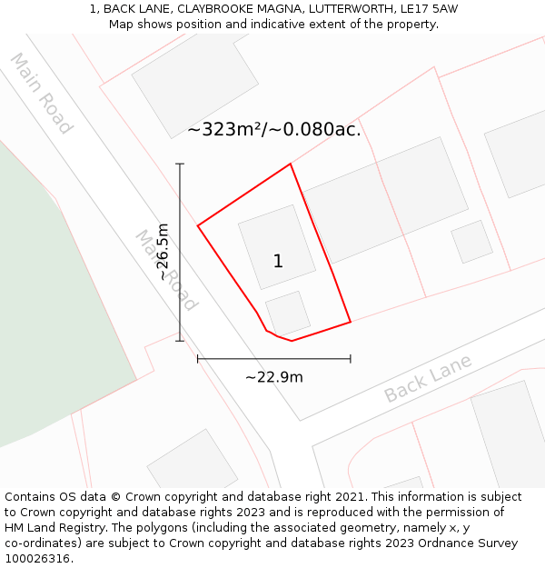 1, BACK LANE, CLAYBROOKE MAGNA, LUTTERWORTH, LE17 5AW: Plot and title map