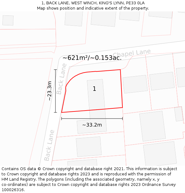 1, BACK LANE, WEST WINCH, KING'S LYNN, PE33 0LA: Plot and title map