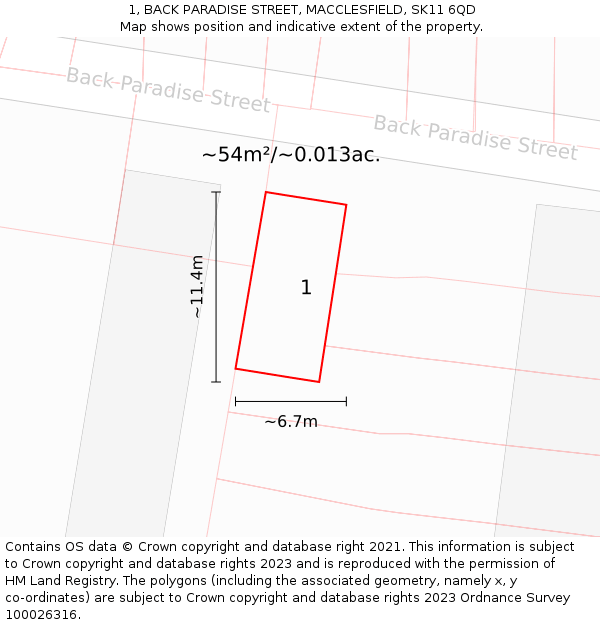 1, BACK PARADISE STREET, MACCLESFIELD, SK11 6QD: Plot and title map