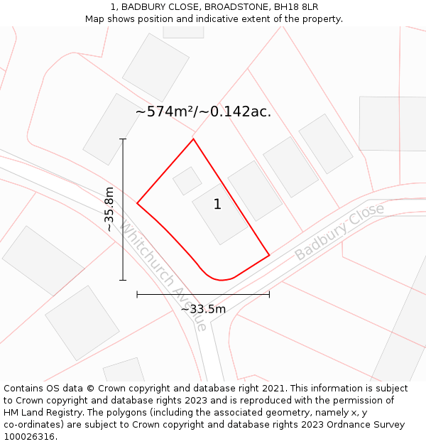 1, BADBURY CLOSE, BROADSTONE, BH18 8LR: Plot and title map