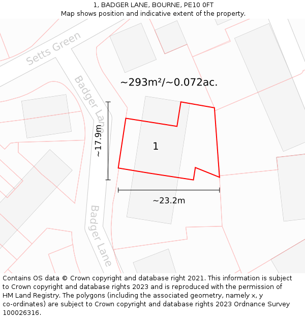 1, BADGER LANE, BOURNE, PE10 0FT: Plot and title map