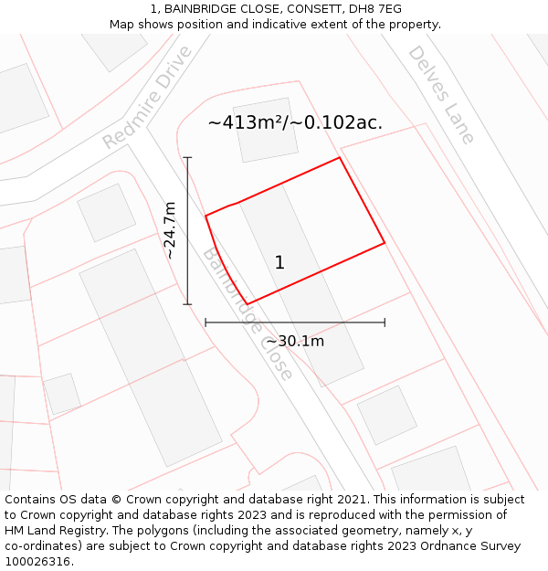 1, BAINBRIDGE CLOSE, CONSETT, DH8 7EG: Plot and title map