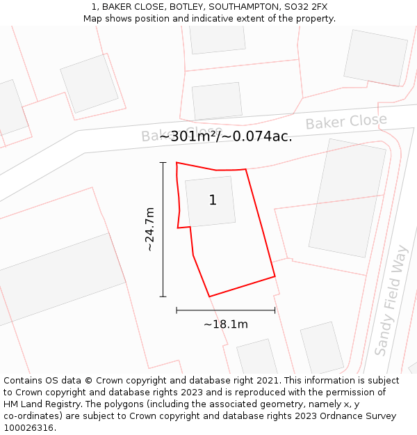 1, BAKER CLOSE, BOTLEY, SOUTHAMPTON, SO32 2FX: Plot and title map