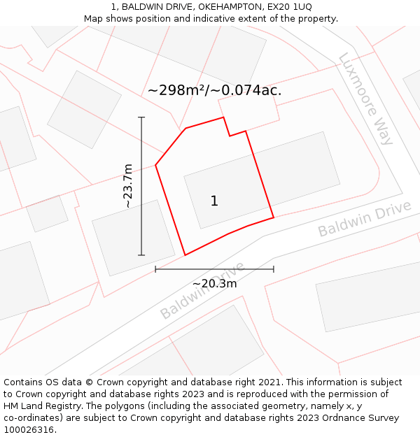 1, BALDWIN DRIVE, OKEHAMPTON, EX20 1UQ: Plot and title map