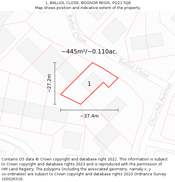 1, BALLIOL CLOSE, BOGNOR REGIS, PO21 5QE: Plot and title map