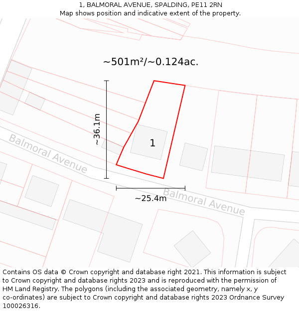 1, BALMORAL AVENUE, SPALDING, PE11 2RN: Plot and title map
