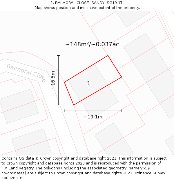 1, BALMORAL CLOSE, SANDY, SG19 1TL: Plot and title map