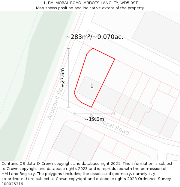 1, BALMORAL ROAD, ABBOTS LANGLEY, WD5 0ST: Plot and title map