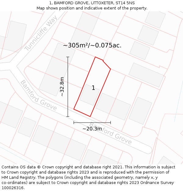 1, BAMFORD GROVE, UTTOXETER, ST14 5NS: Plot and title map