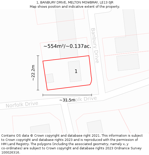 1, BANBURY DRIVE, MELTON MOWBRAY, LE13 0JR: Plot and title map