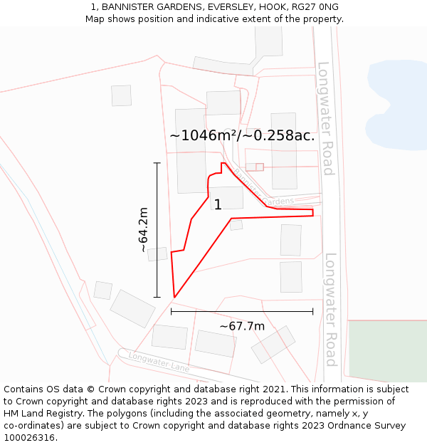 1, BANNISTER GARDENS, EVERSLEY, HOOK, RG27 0NG: Plot and title map