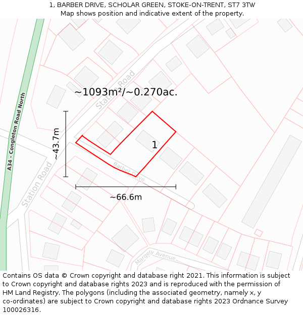 1, BARBER DRIVE, SCHOLAR GREEN, STOKE-ON-TRENT, ST7 3TW: Plot and title map