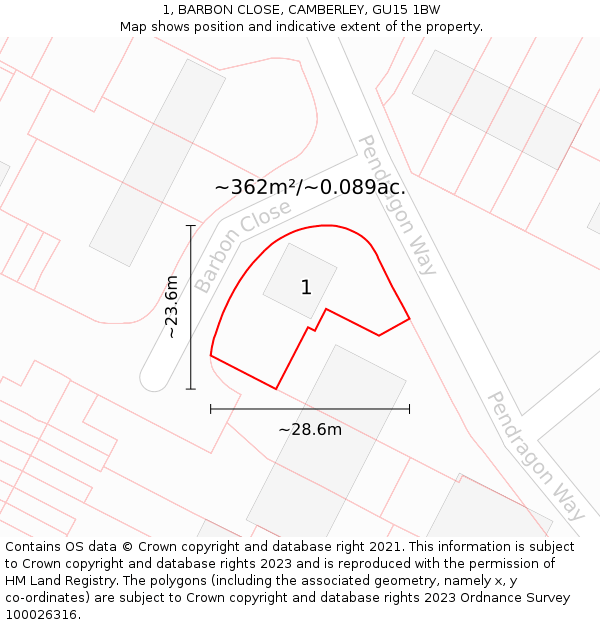 1, BARBON CLOSE, CAMBERLEY, GU15 1BW: Plot and title map