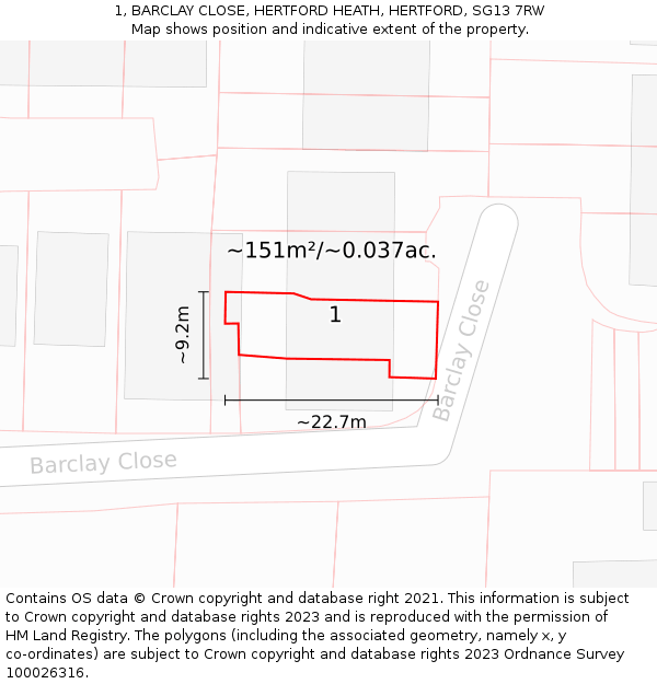 1, BARCLAY CLOSE, HERTFORD HEATH, HERTFORD, SG13 7RW: Plot and title map