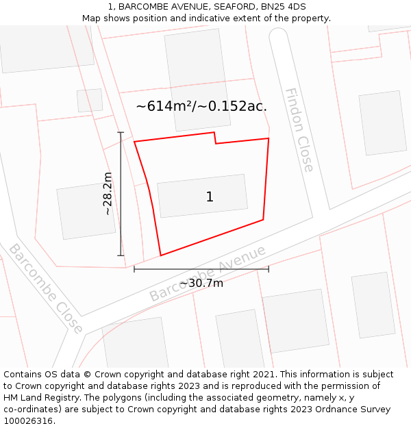 1, BARCOMBE AVENUE, SEAFORD, BN25 4DS: Plot and title map