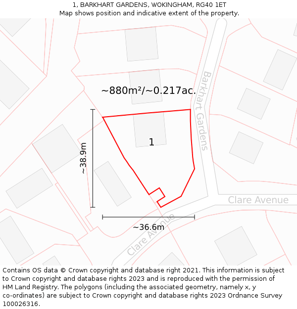 1, BARKHART GARDENS, WOKINGHAM, RG40 1ET: Plot and title map