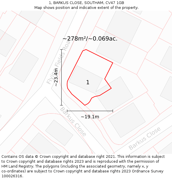 1, BARKUS CLOSE, SOUTHAM, CV47 1GB: Plot and title map