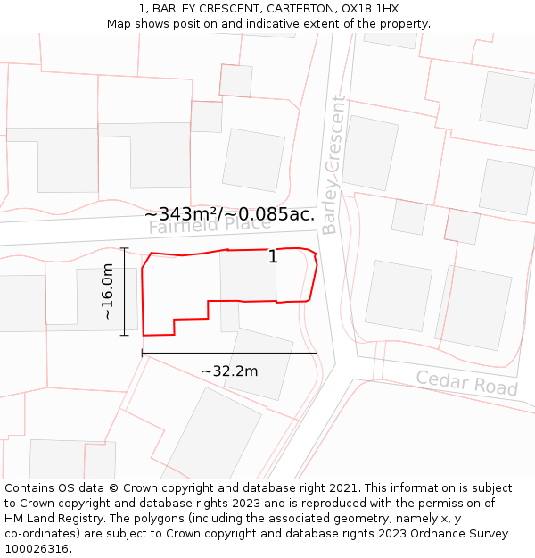 1, BARLEY CRESCENT, CARTERTON, OX18 1HX: Plot and title map