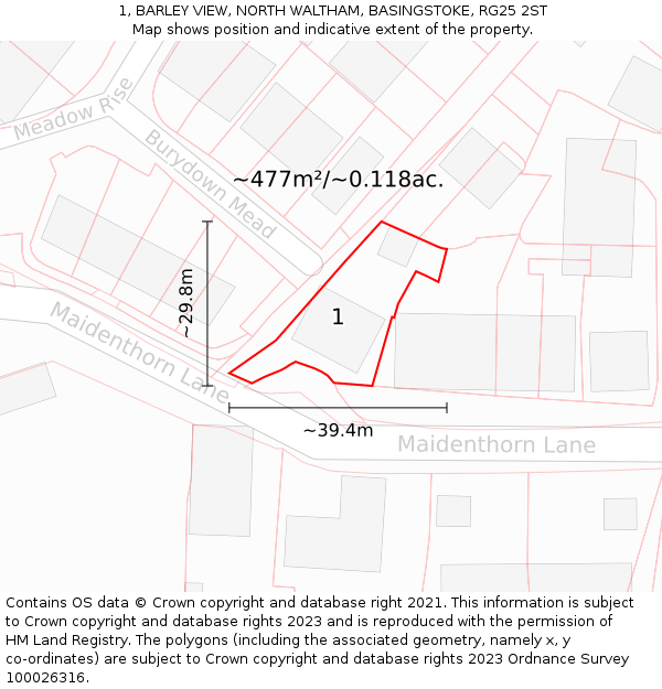 1, BARLEY VIEW, NORTH WALTHAM, BASINGSTOKE, RG25 2ST: Plot and title map