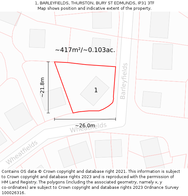 1, BARLEYFIELDS, THURSTON, BURY ST EDMUNDS, IP31 3TF: Plot and title map