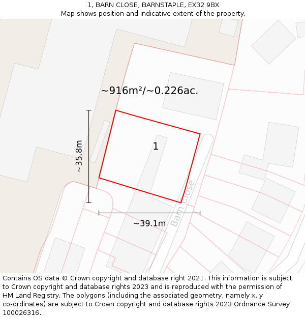 1, BARN CLOSE, BARNSTAPLE, EX32 9BX: Plot and title map