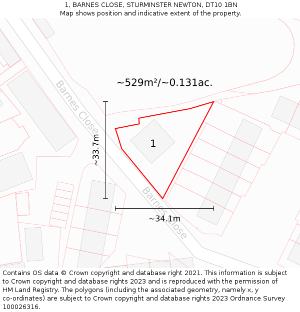 1, BARNES CLOSE, STURMINSTER NEWTON, DT10 1BN: Plot and title map