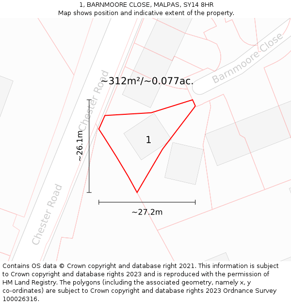 1, BARNMOORE CLOSE, MALPAS, SY14 8HR: Plot and title map