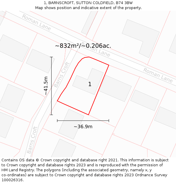 1, BARNSCROFT, SUTTON COLDFIELD, B74 3BW: Plot and title map