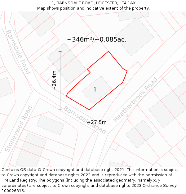 1, BARNSDALE ROAD, LEICESTER, LE4 1AX: Plot and title map