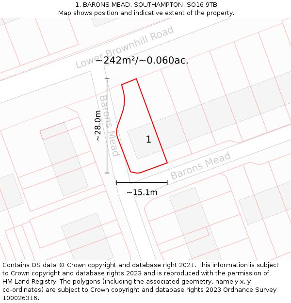 1, BARONS MEAD, SOUTHAMPTON, SO16 9TB: Plot and title map