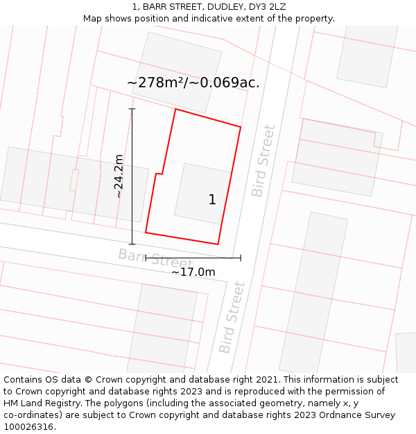1, BARR STREET, DUDLEY, DY3 2LZ: Plot and title map