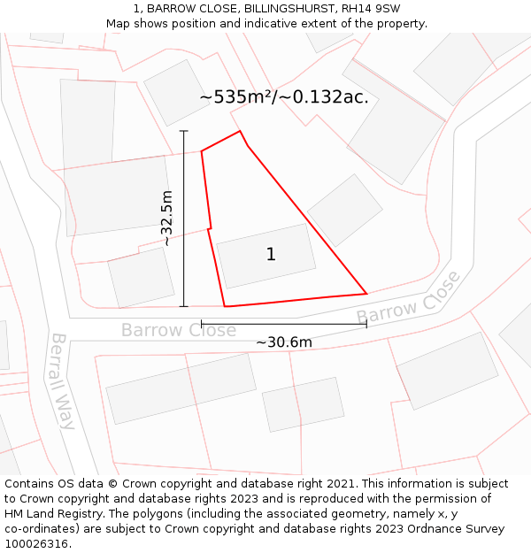 1, BARROW CLOSE, BILLINGSHURST, RH14 9SW: Plot and title map