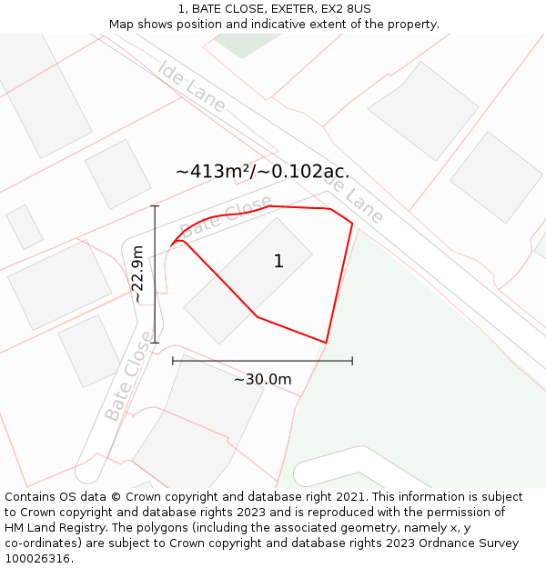 1, BATE CLOSE, EXETER, EX2 8US: Plot and title map