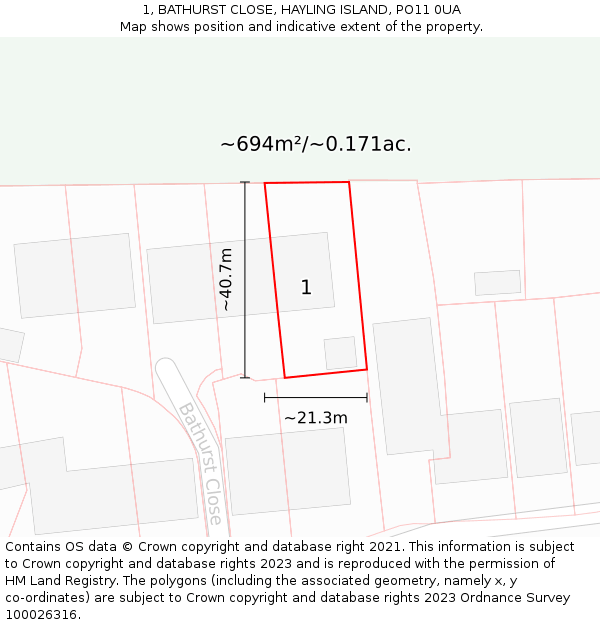 1, BATHURST CLOSE, HAYLING ISLAND, PO11 0UA: Plot and title map