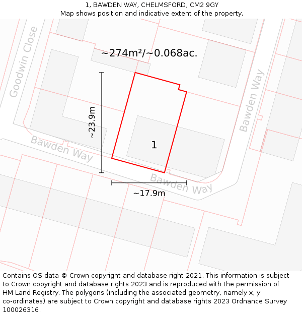 1, BAWDEN WAY, CHELMSFORD, CM2 9GY: Plot and title map